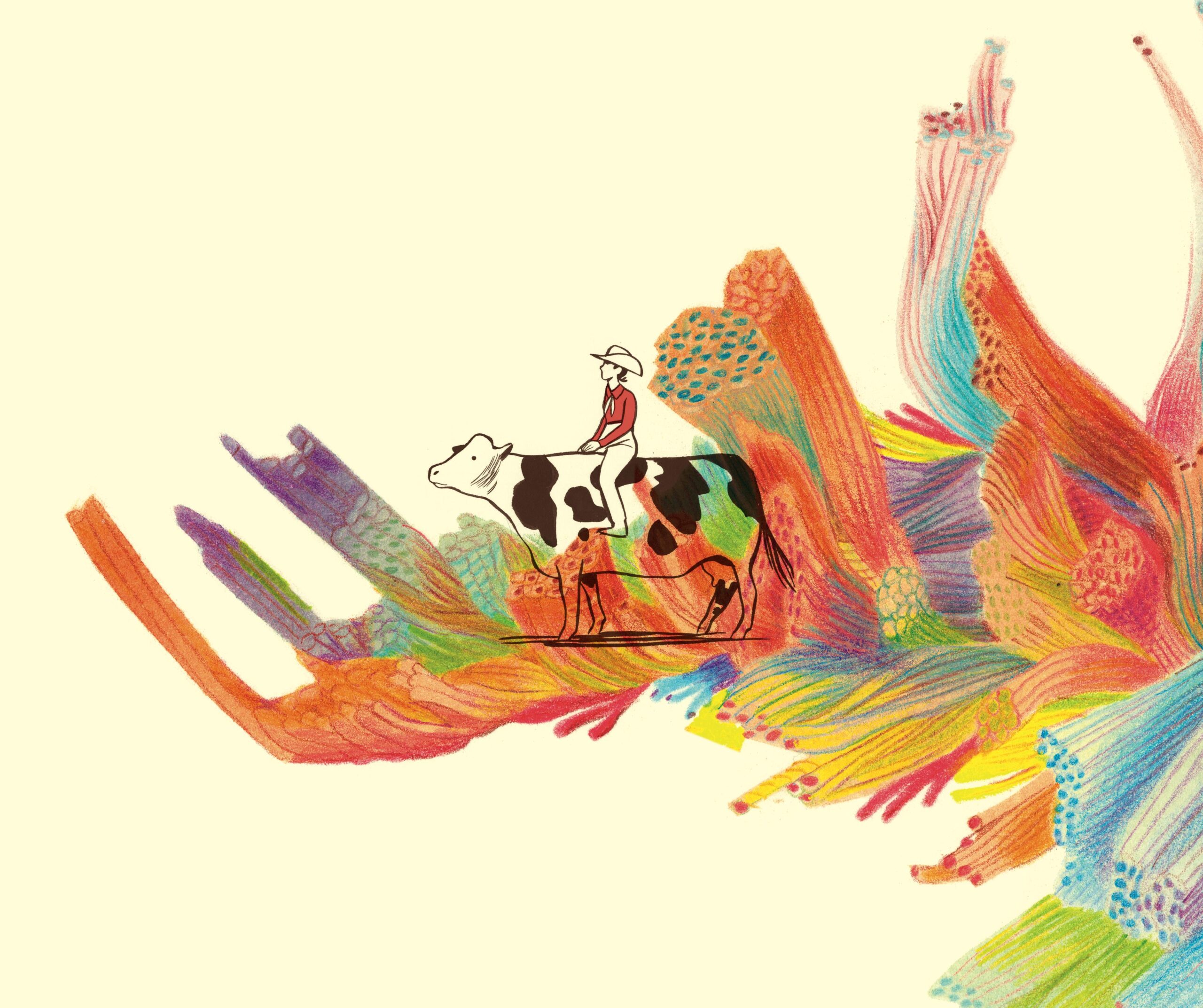 Il s'agit d'une illustration très colorée au neocolor, qui fait penser à des sortes de coraux. Au centre, un cowboy chevauche une vache.